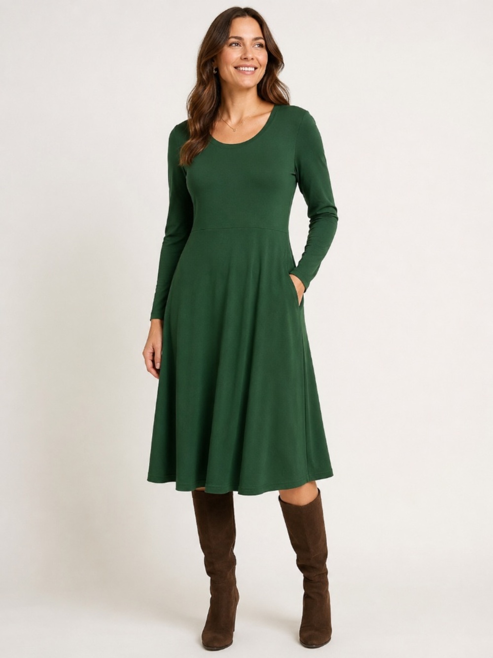 Haute Green Fit & Flare Long Sleeve Midi Dress with Pockets Size M
